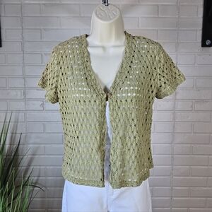 Vintage 90s IN Studio Open Crochet Short Sleeve Cardigan Sage Green Size 6